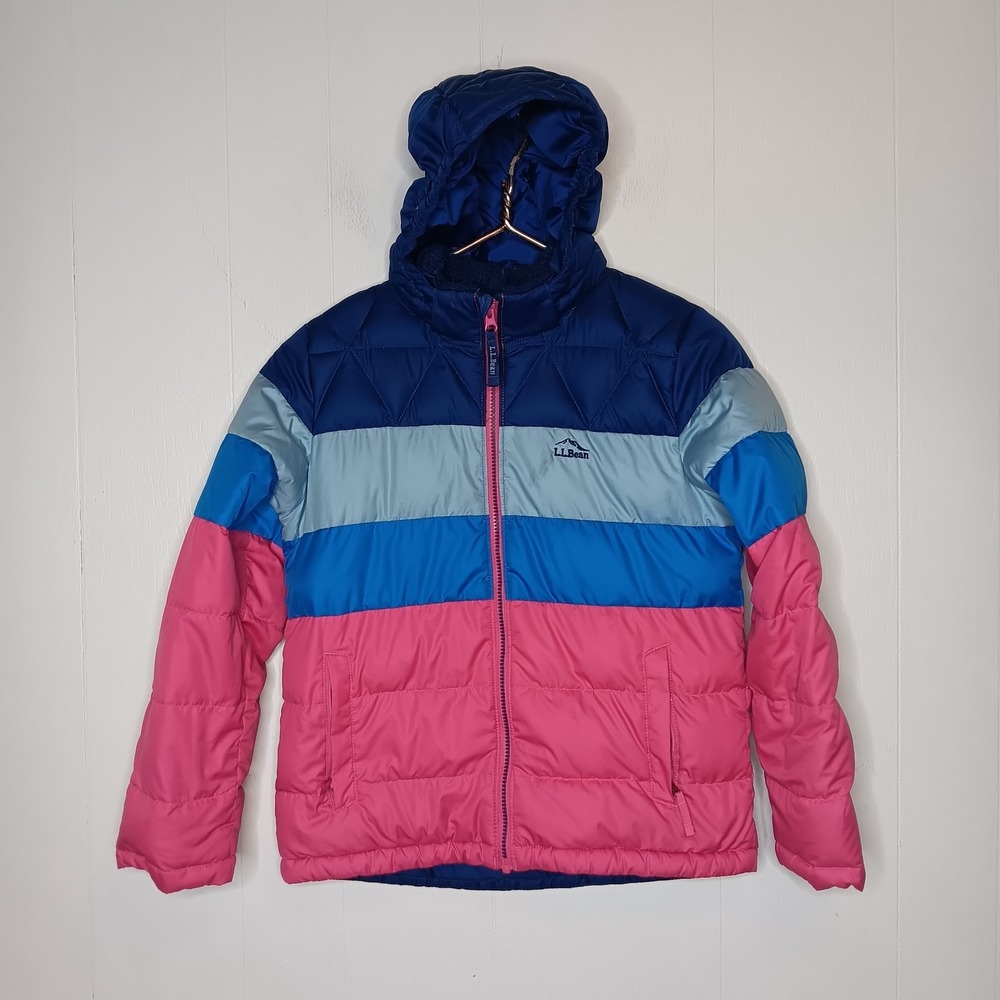 L.L. Bean Down Jacket Girls M 10-12 Pink Blue Colorblock Puffer Hooded Outdoor